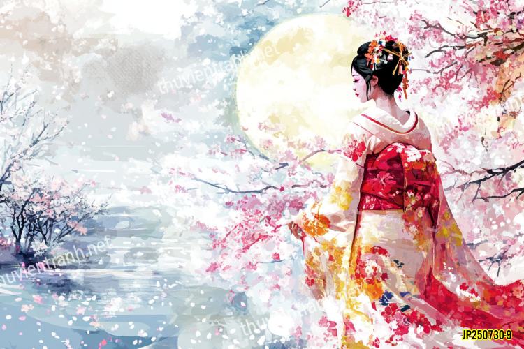Tranh dán tường hoa cô gái Geisha Nhật Bản-JP250730-9 - Tranh tường chất lượng cao